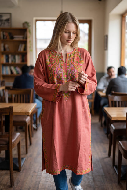 Kashmiri Woolen Pheran with Traditional Aari Embroidery | Hand Made (Pink, 5XL)