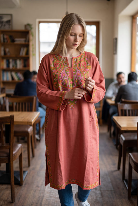 Kashmiri Woolen Pheran with Traditional Aari Embroidery | Hand Made (Pink, 5XL)