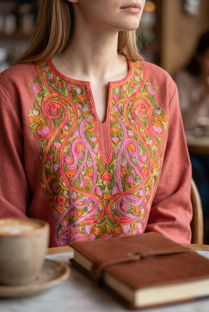 Kashmiri Woolen Pheran with Traditional Aari Embroidery | Hand Made (Pink, 5XL)