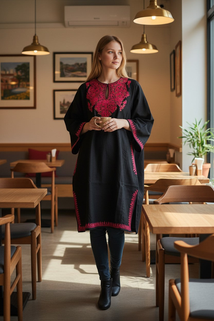 Kashmiri Woolen Pheran with Traditional Aari Embroidery | Hand Made (Black2, 4XL)