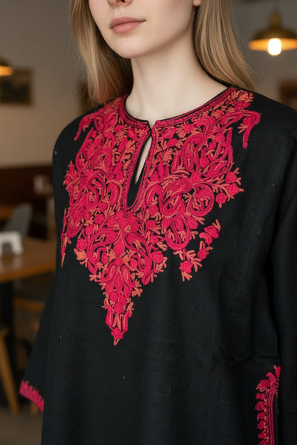 Kashmiri Woolen Pheran with Traditional Aari Embroidery | Hand Made (Black2, 4XL)