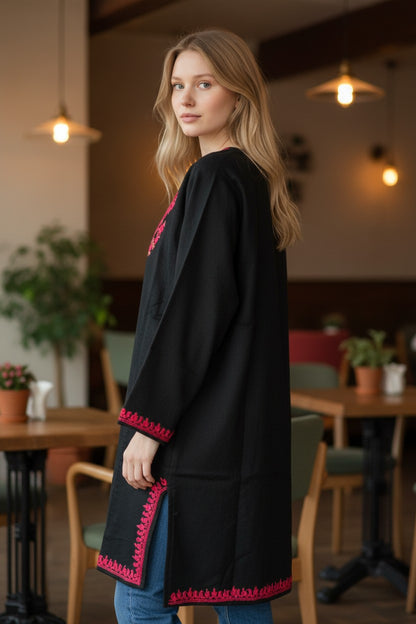 Kashmiri Woolen Pheran with Traditional Aari Embroidery | Hand Made (Black2, 4XL)