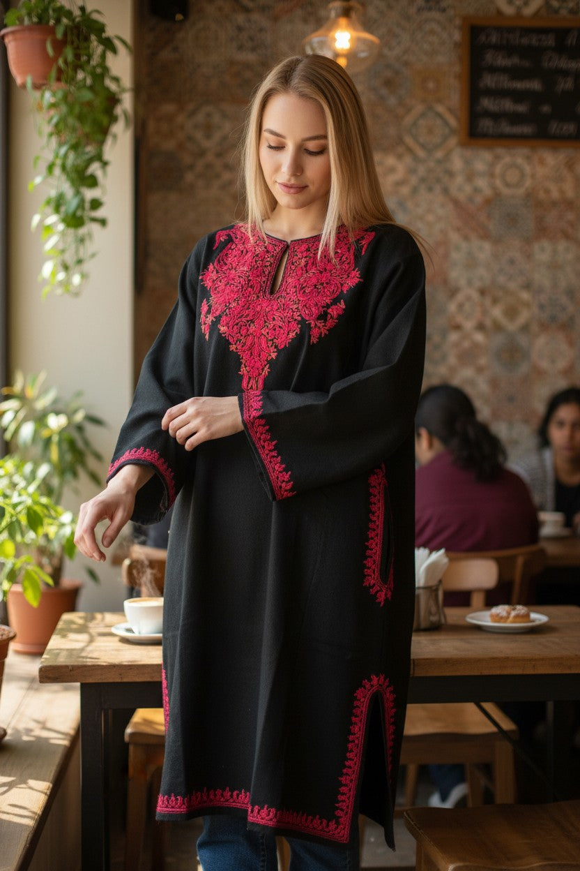 Kashmiri Woolen Pheran with Traditional Aari Embroidery | Hand Made (Black2, 4XL)