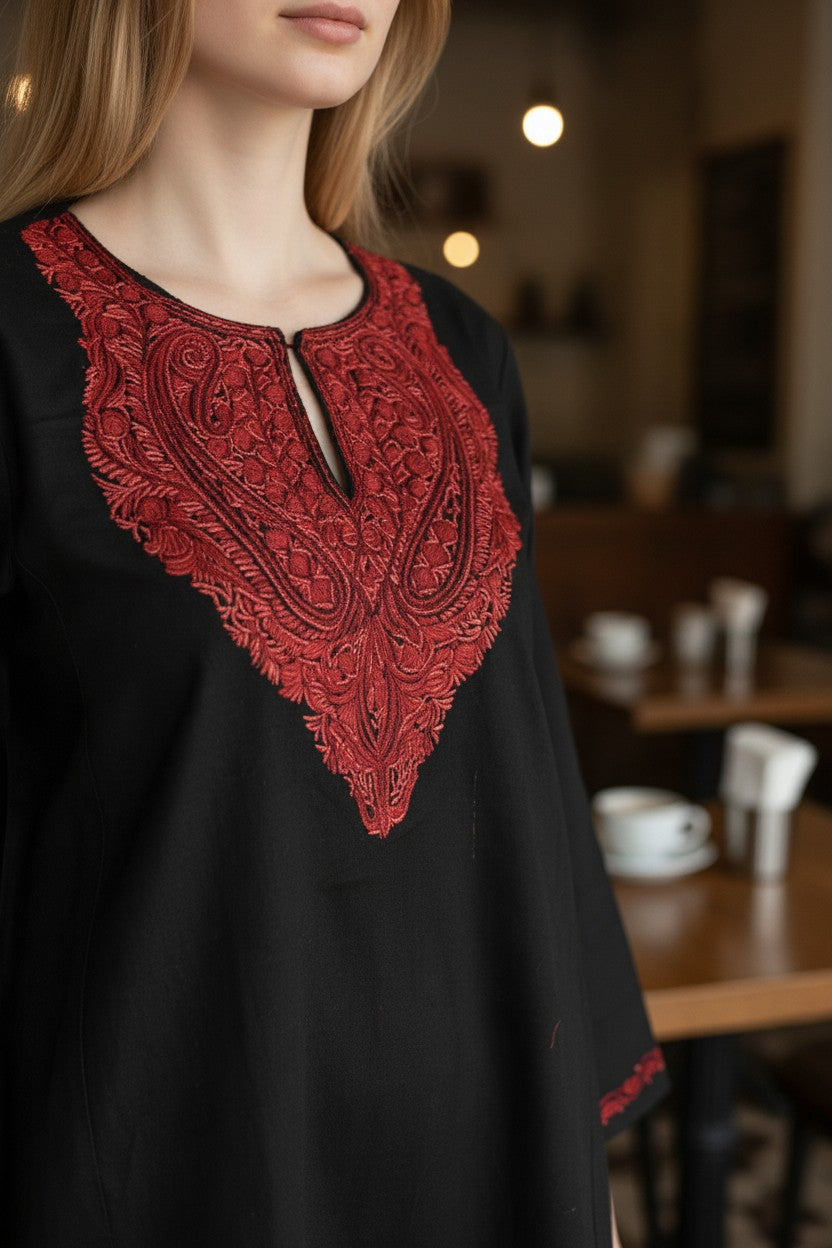 Kashmiri Woolen Pheran with Traditional Aari Embroidery | Hand Made (Black4, 5XL)