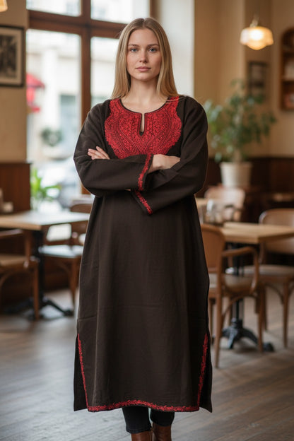 Kashmiri Woolen Pheran with Traditional Aari Embroidery | Hand Made (Black4, 5XL)