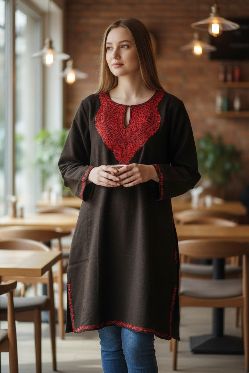 Kashmiri Woolen Pheran with Traditional Aari Embroidery | Hand Made (Black4, 5XL)