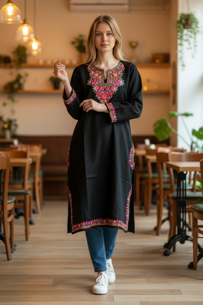 Kashmiri Woolen Pheran with Traditional Aari Embroidery | Hand Made (Black, 5XL)