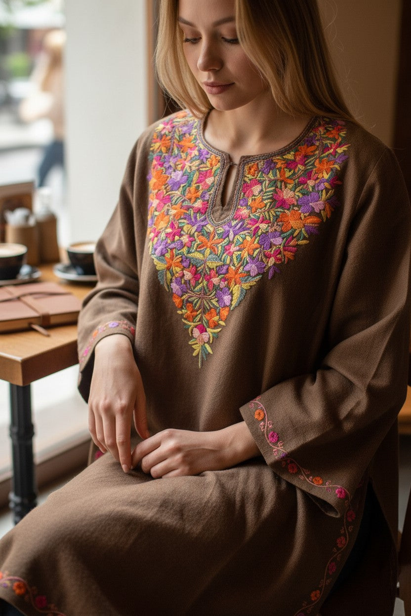 Kashmiri Woolen Pheran with Traditional Aari Embroidery | Hand Made (Grey2, 5XL)