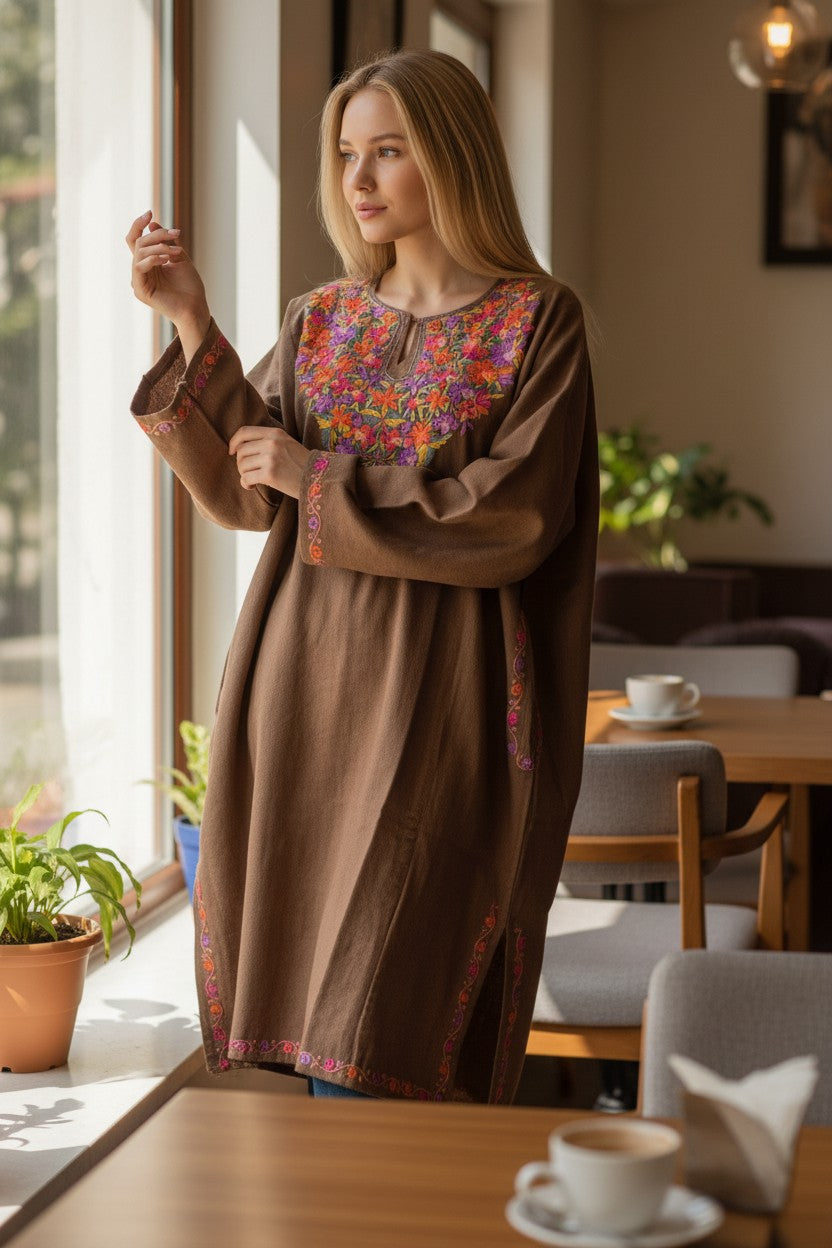 Kashmiri Woolen Pheran with Traditional Aari Embroidery | Hand Made (Grey2, 5XL)