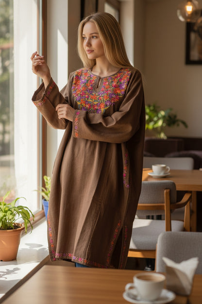 Kashmiri Woolen Pheran with Traditional Aari Embroidery | Hand Made (Grey2, 5XL)