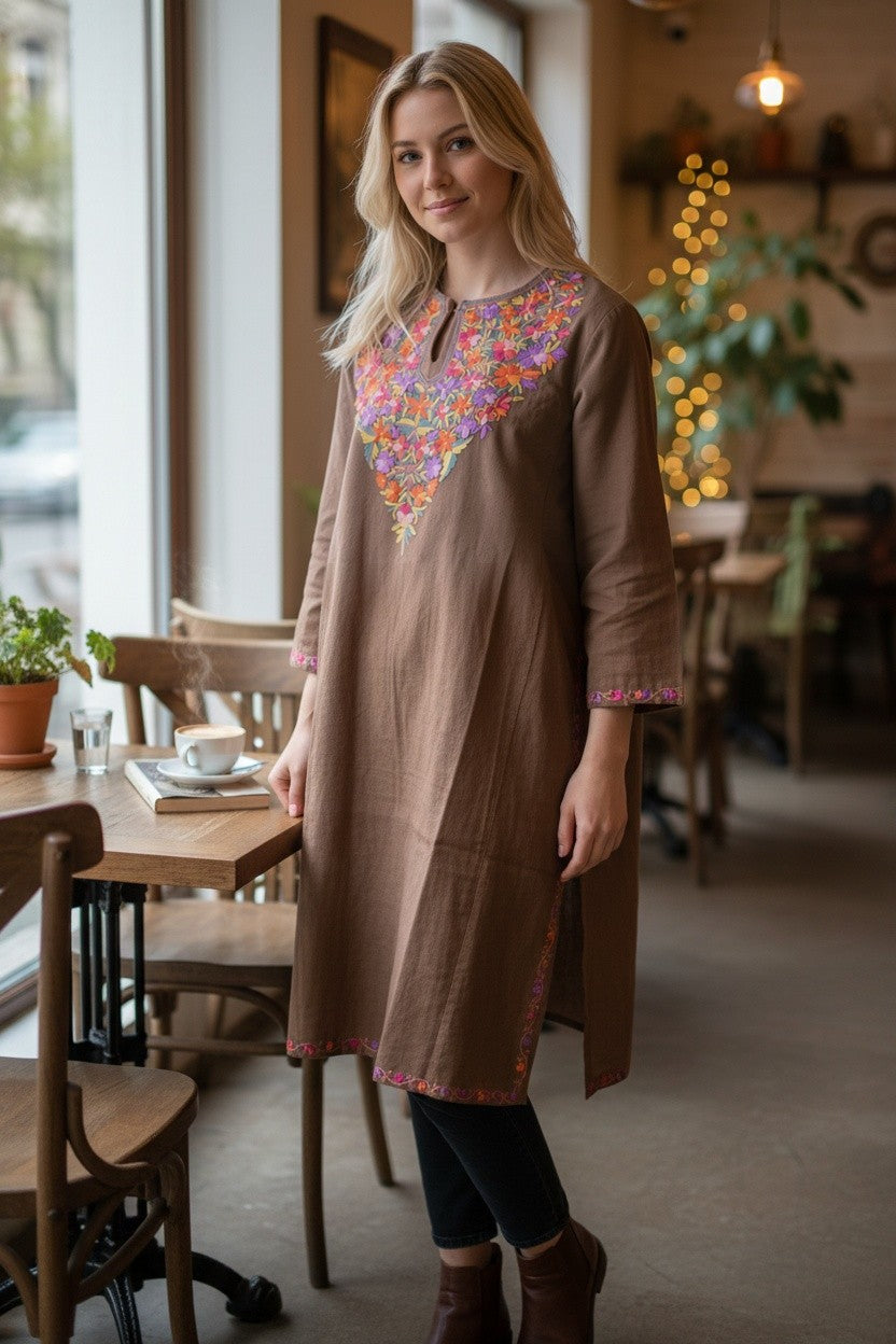 Kashmiri Woolen Pheran with Traditional Aari Embroidery | Hand Made (Grey2, 5XL)
