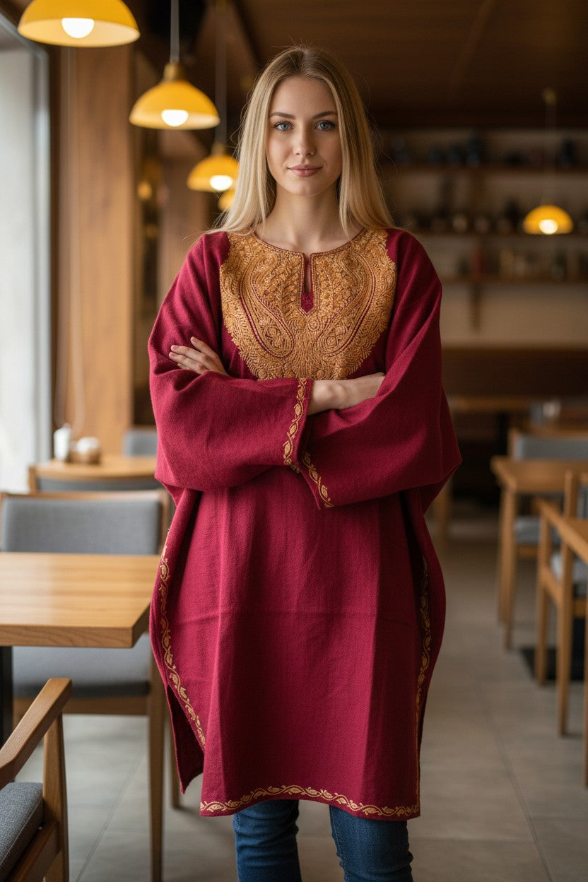 Kashmiri Woolen Pheran with Traditional Aari Embroidery | Hand Made (Maroon - 6XL)