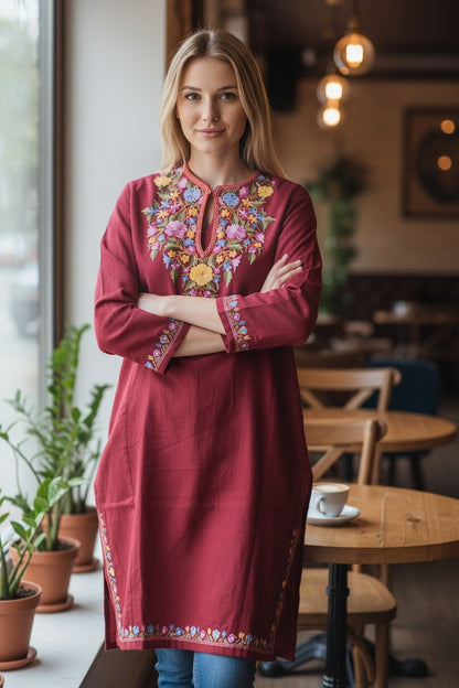 Kashmiri Woolen Pheran with Traditional Aari Embroidery | Hand Made (Maroon5, 5XL)