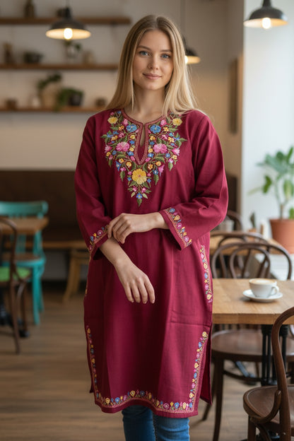 Kashmiri Woolen Pheran with Traditional Aari Embroidery | Hand Made (Maroon5, 5XL)