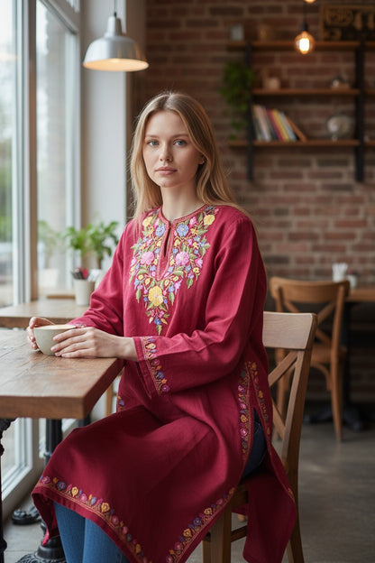 Kashmiri Woolen Pheran with Traditional Aari Embroidery | Hand Made (Maroon5, 5XL)