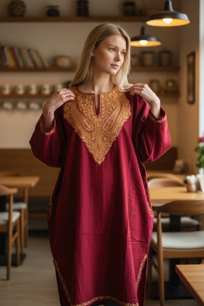 Kashmiri Woolen Pheran with Traditional Aari Embroidery | Hand Made (Maroon - 6XL)