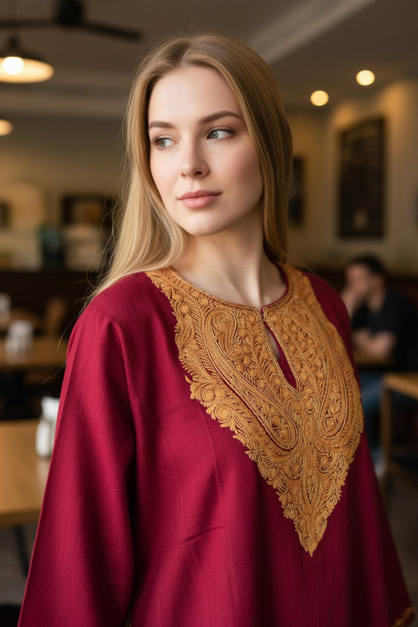 Kashmiri Woolen Pheran with Traditional Aari Embroidery | Hand Made (Maroon - 6XL)