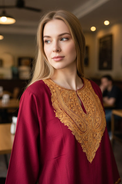 Kashmiri Woolen Pheran with Traditional Aari Embroidery | Hand Made (Maroon - 6XL)