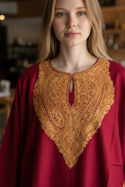Kashmiri Woolen Pheran with Traditional Aari Embroidery | Hand Made (Maroon - 6XL)