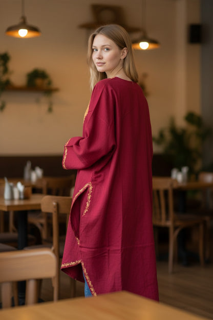 Kashmiri Woolen Pheran with Traditional Aari Embroidery | Hand Made (Maroon - 6XL)