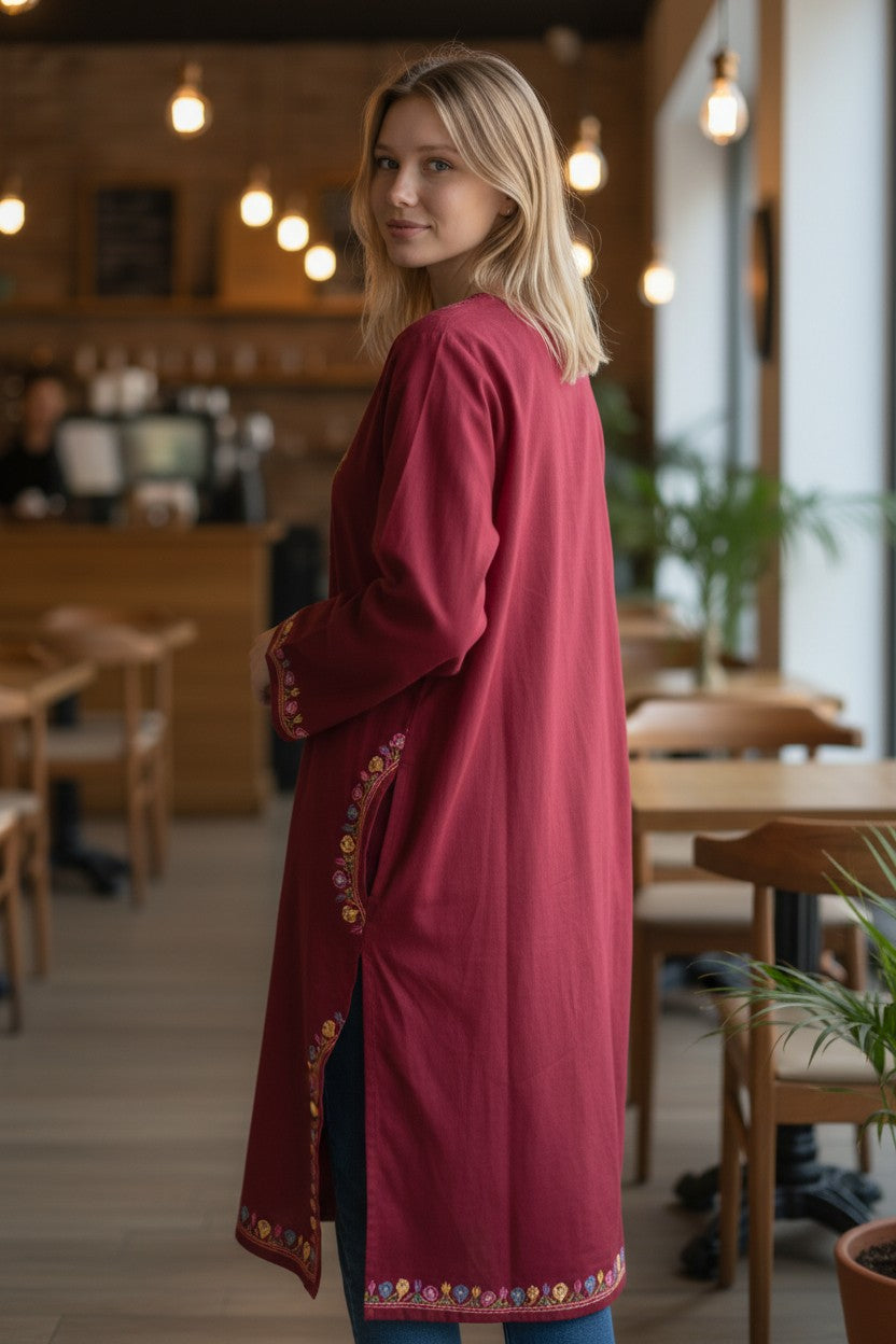 Kashmiri Woolen Pheran with Traditional Aari Embroidery | Hand Made (Maroon5, 5XL)