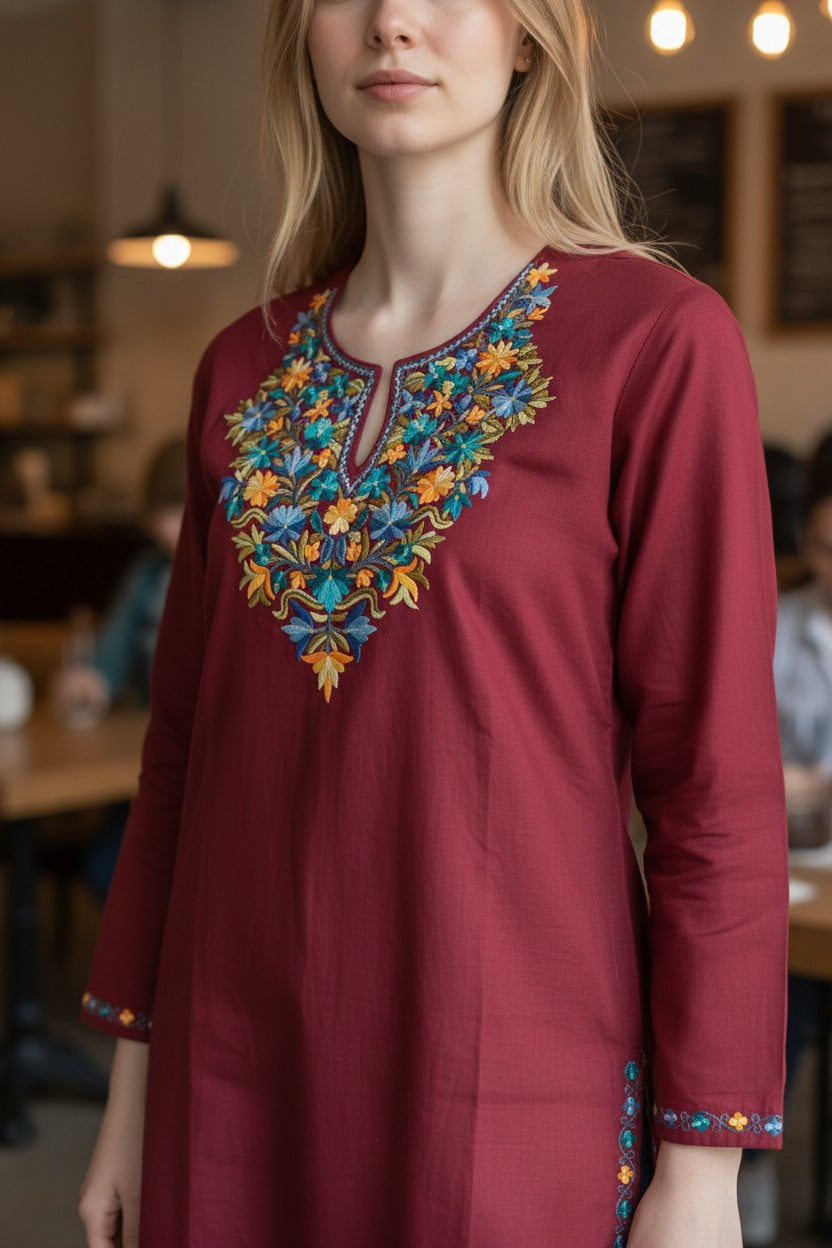 Kashmiri Woolen Pheran with Traditional Aari Embroidery | Hand Made (Maroon6, 6XL)