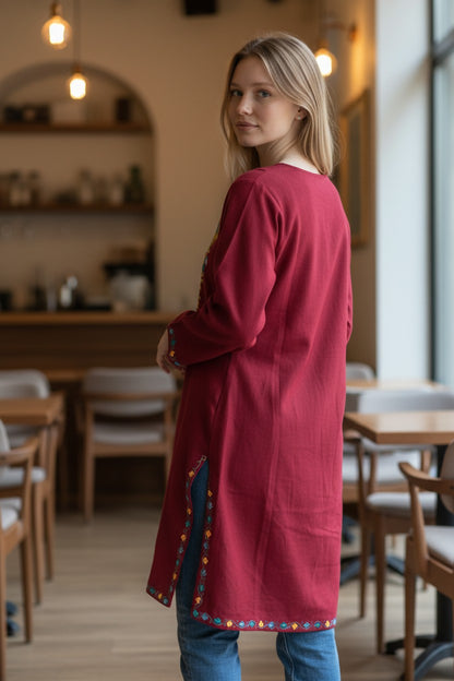 Kashmiri Woolen Pheran with Traditional Aari Embroidery | Hand Made (Maroon6, 6XL)