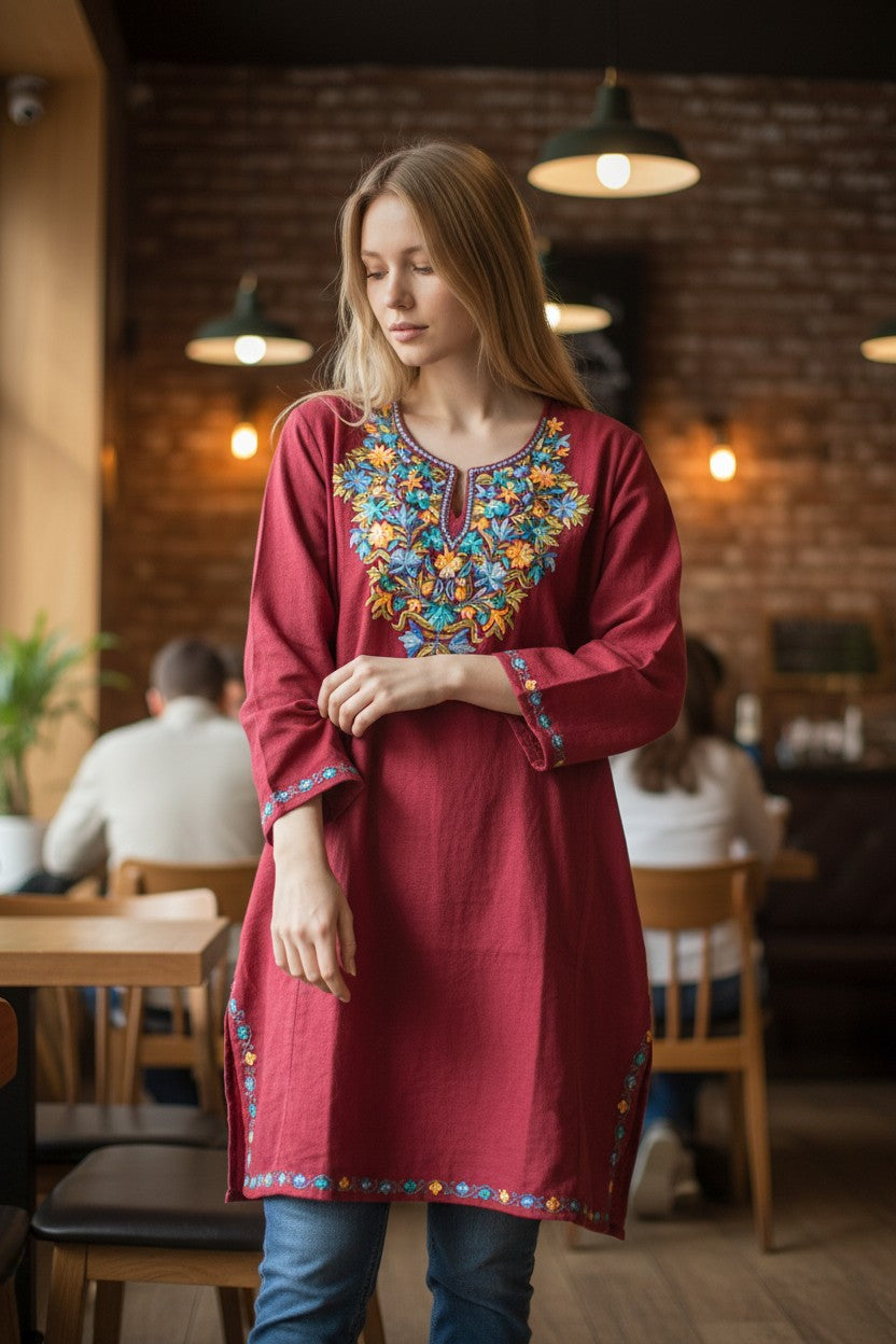 Kashmiri Woolen Pheran with Traditional Aari Embroidery | Hand Made (Maroon6, 6XL)
