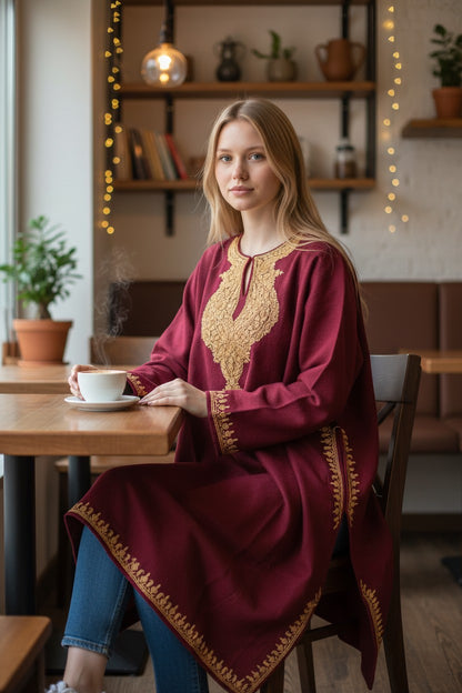 Kashmiri Woolen Pheran with Traditional Aari Embroidery | Hand Made (Maroon, 6XL)