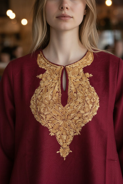 Kashmiri Woolen Pheran with Traditional Aari Embroidery | Hand Made (Maroon, 6XL)