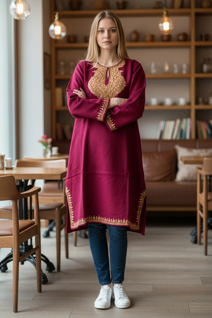 Kashmiri Woolen Pheran with Traditional Aari Embroidery | Hand Made (Maroon, 6XL)