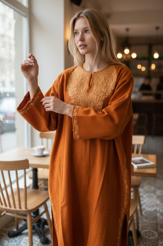 Kashmiri Woolen Pheran with Traditional Aari Embroidery | Hand Made (Orange2, 6XL)