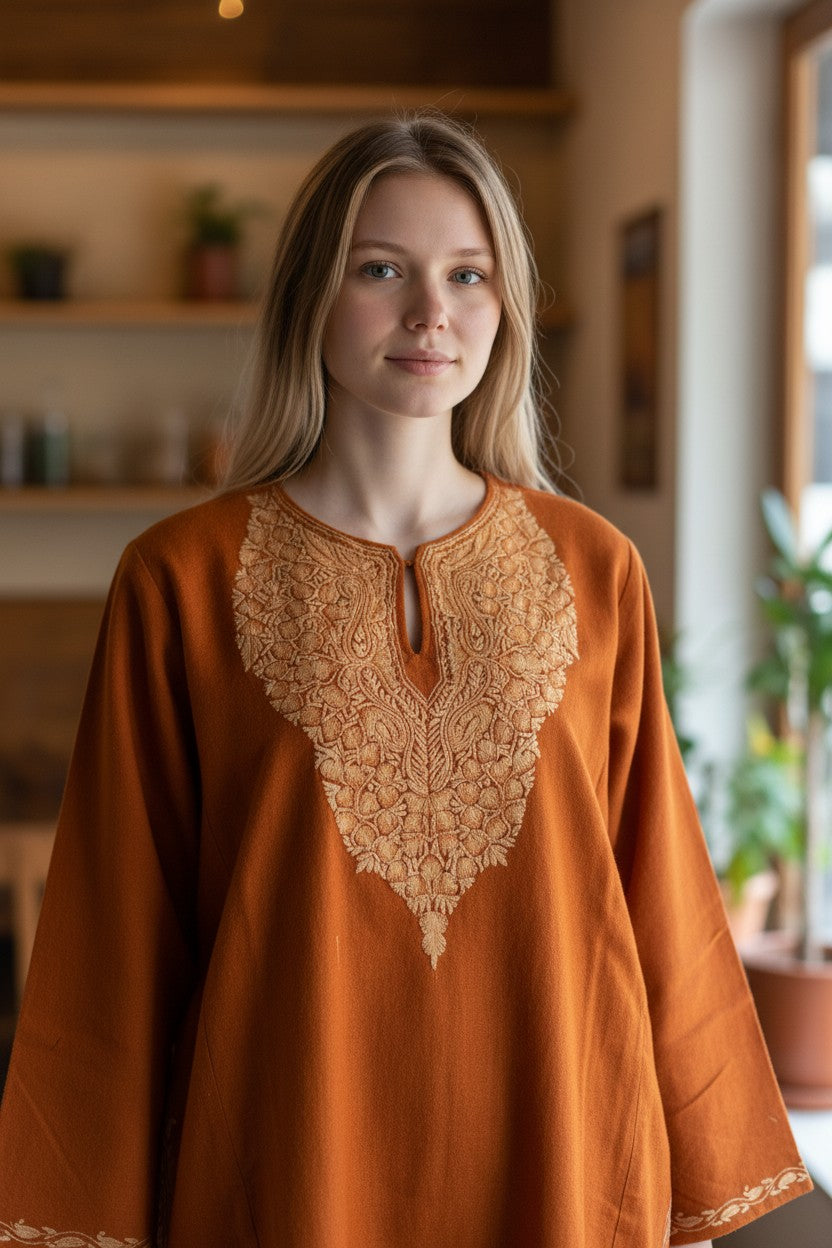 Kashmiri Woolen Pheran with Traditional Aari Embroidery | Hand Made (Orange2, 6XL)