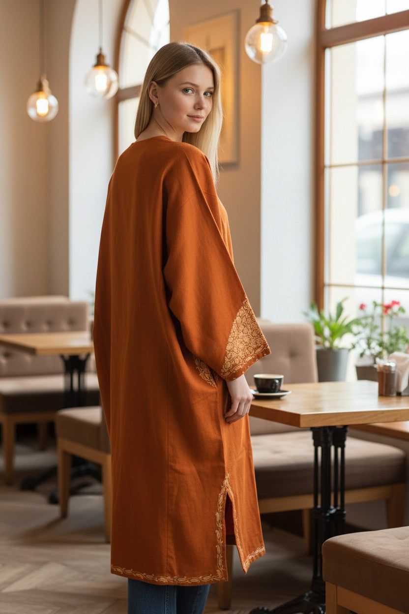 Kashmiri Woolen Pheran with Traditional Aari Embroidery | Hand Made (Orange2, 6XL)