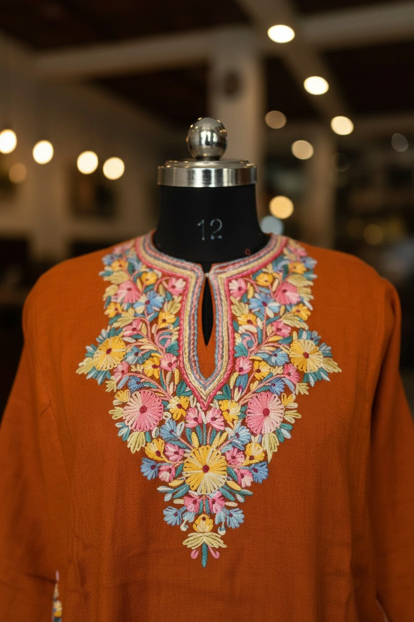 Kashmiri Woolen Pheran with Traditional Aari Embroidery | Hand Made (Orange6 - 5XL)