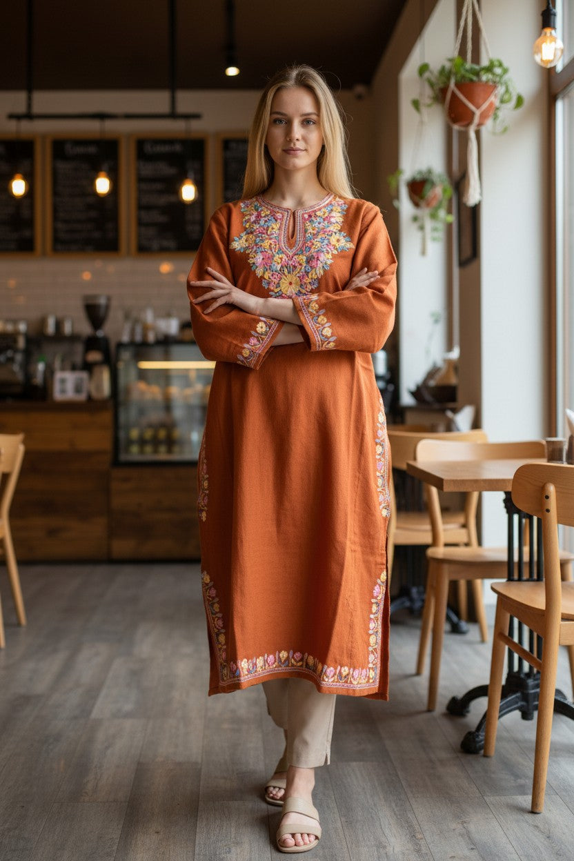 Kashmiri Woolen Pheran with Traditional Aari Embroidery | Hand Made (Orange6 - 5XL)