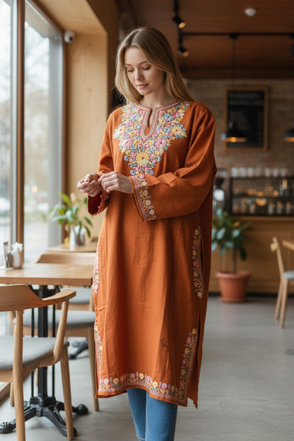 Kashmiri Woolen Pheran with Traditional Aari Embroidery | Hand Made (Orange6 - 5XL)