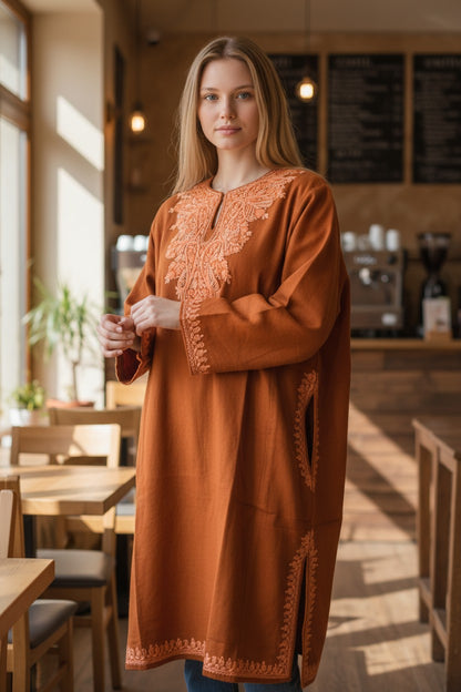 Kashmiri Woolen Pheran with Traditional Aari Embroidery | Hand Made (Orange - 5XL)