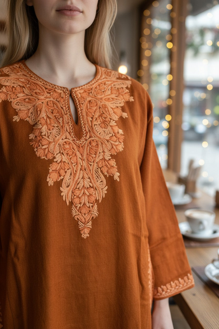 Kashmiri Woolen Pheran with Traditional Aari Embroidery | Hand Made (Orange - 5XL)