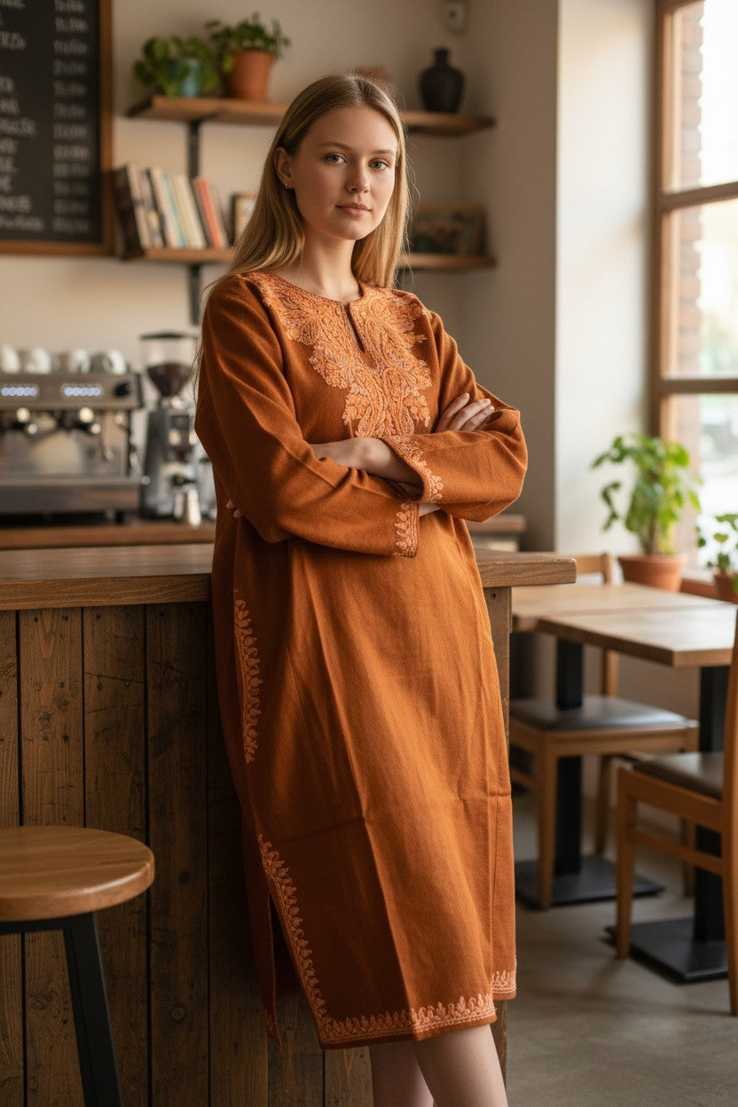 Kashmiri Woolen Pheran with Traditional Aari Embroidery | Hand Made (Orange - 5XL)