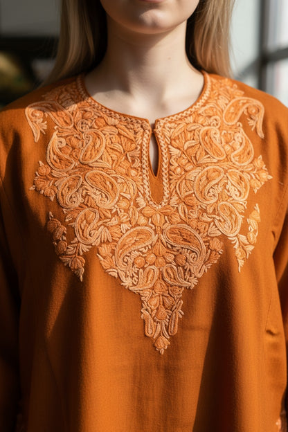 Kashmiri Woolen Pheran with Traditional Aari Embroidery | Hand Made (Orange, 5XL)