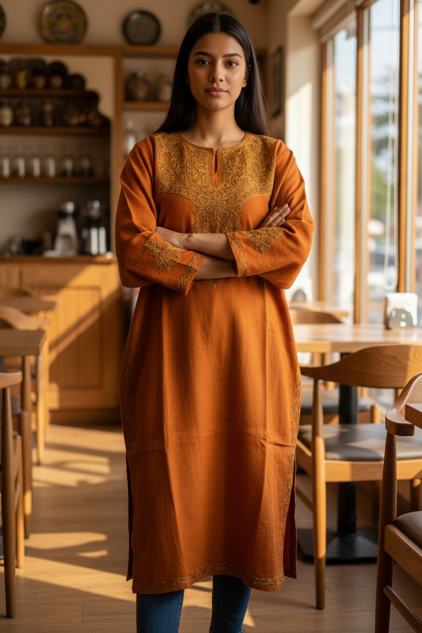 Kashmiri Woolen Pheran with Traditional Aari Embroidery | Hand Made (Orange, 6XL)