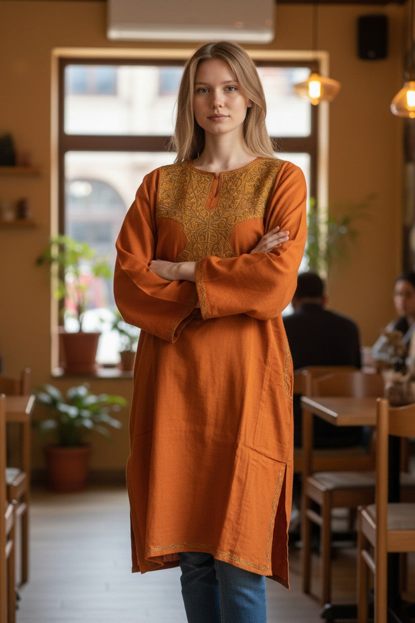 Kashmiri Woolen Pheran with Traditional Aari Embroidery | Hand Made (Orange, 6XL)