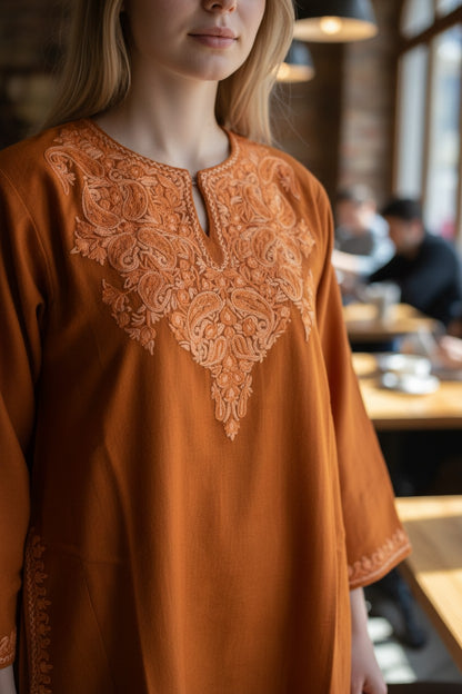 Kashmiri Woolen Pheran with Traditional Aari Embroidery | Hand Made (Orange, 5XL)