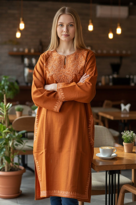 Kashmiri Woolen Pheran with Traditional Aari Embroidery | Hand Made (Orange, 5XL)
