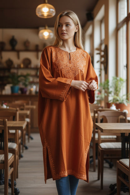 Kashmiri Woolen Pheran with Traditional Aari Embroidery | Hand Made (Orange, 5XL)