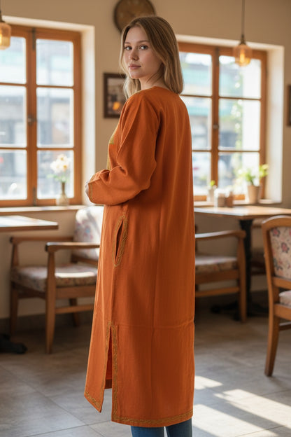 Kashmiri Woolen Pheran with Traditional Aari Embroidery | Hand Made (Orange, 6XL)