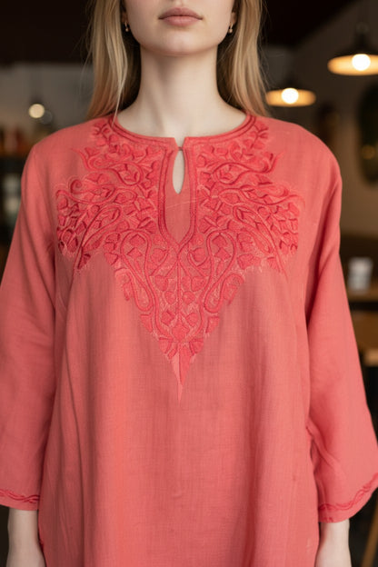 Kashmiri Woolen Pheran with Traditional Aari Embroidery | Hand Made (Pink4, 5XL)