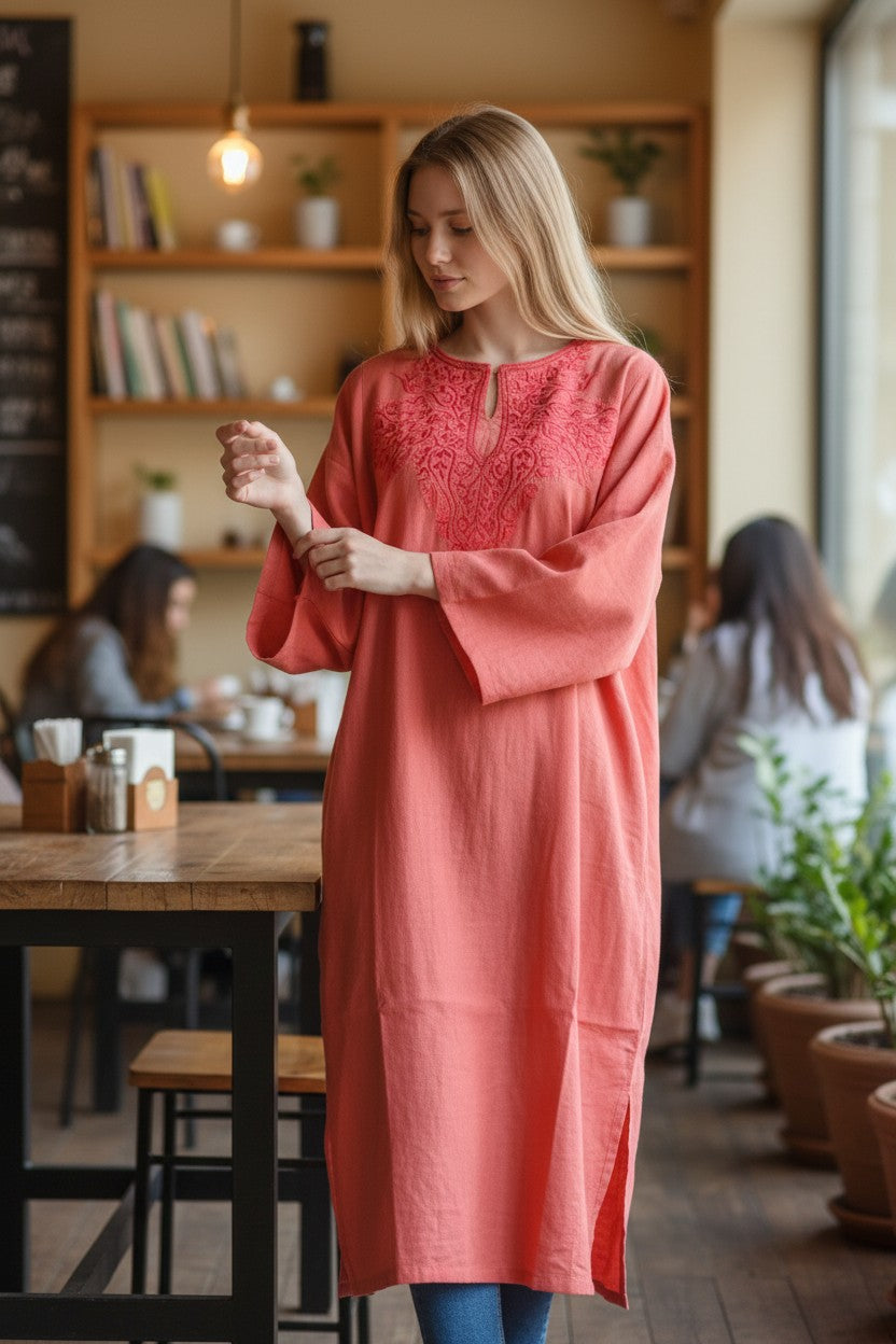 Kashmiri Woolen Pheran with Traditional Aari Embroidery | Hand Made (Pink4, 5XL)