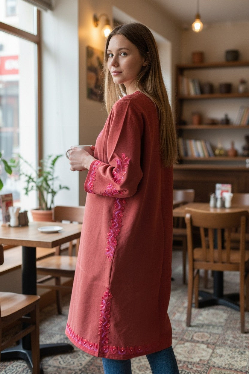 Kashmiri Woolen Pheran with Traditional Aari Embroidery | Hand Made (Pink - 5XL)
